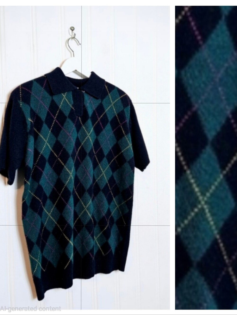 Vintage 80s Evan Picone Angora Lambswool Argyle Sweater Polo Top Size S Navy